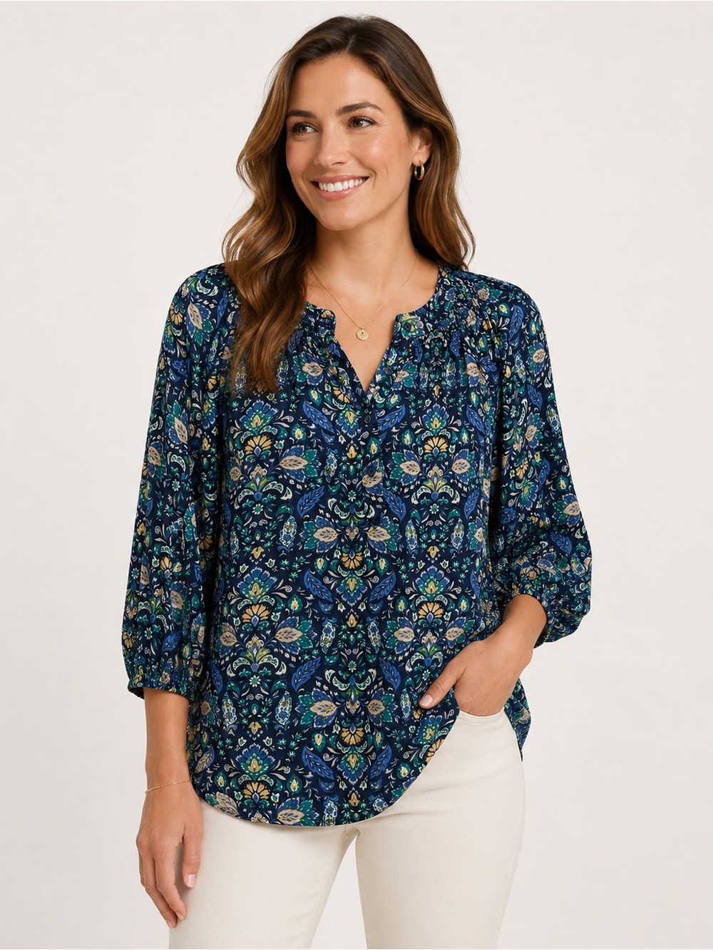 Croft & Barrow Navy Floral Paisley Peasant Blouse 3/4 Sleeve Rayon 1x